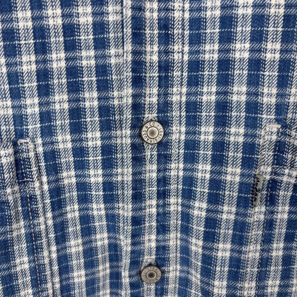 VTG 90s Levis Button Down Shirt Mens L Blue Plaid Heavyweight Metal Buttons